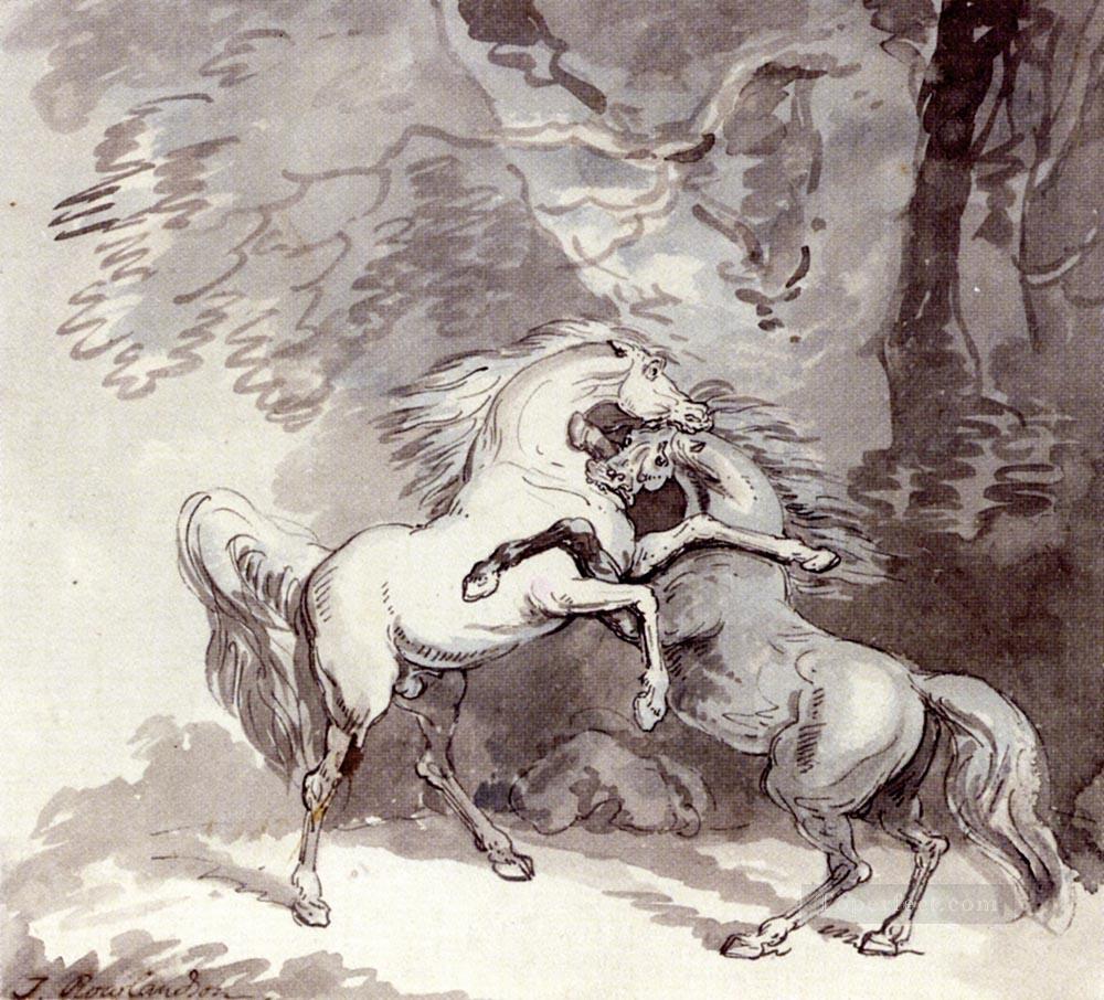 森の小道で戦う馬 トーマス・ローランドソン 黒と白油絵